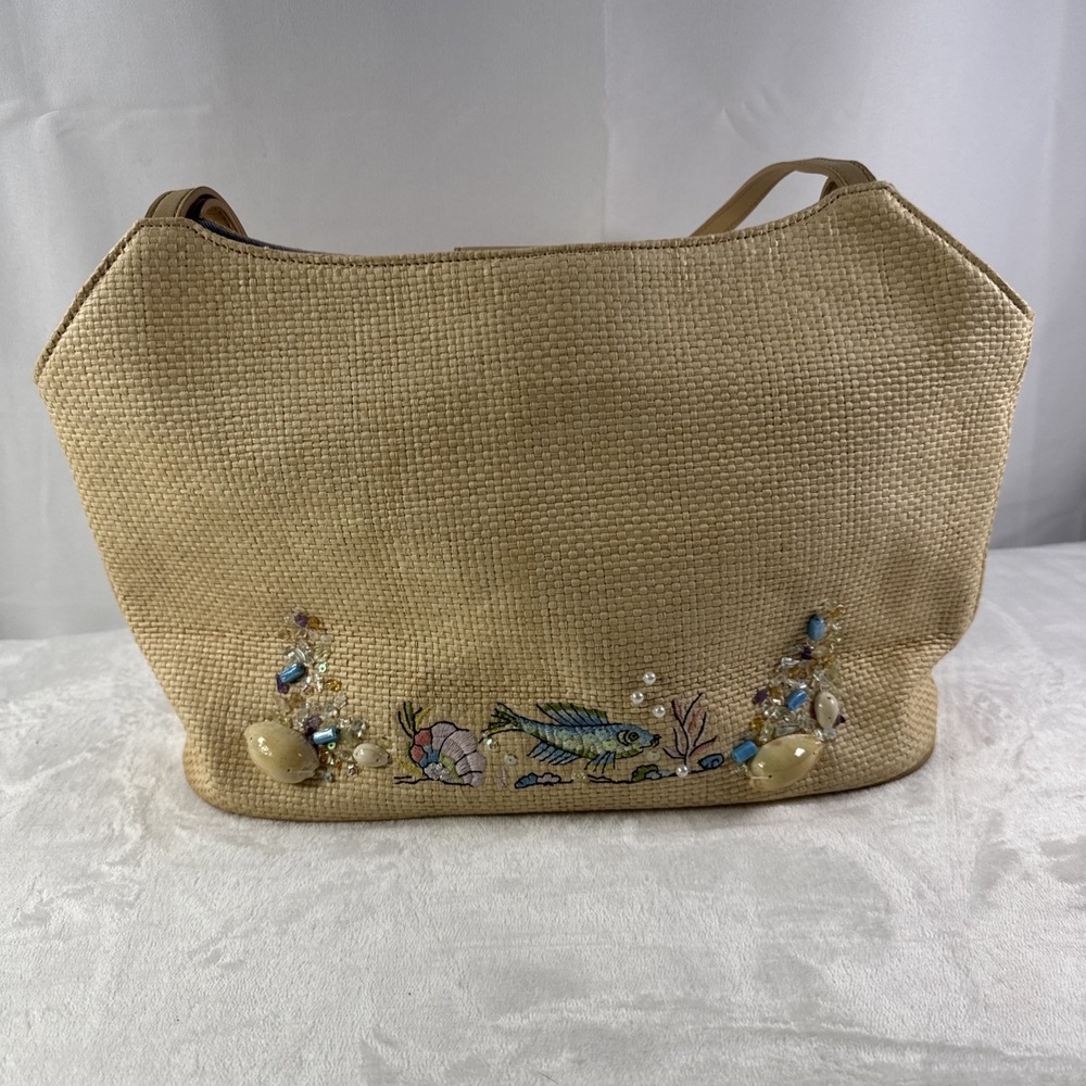 Vintage Fossil Straw Bag With Seashells